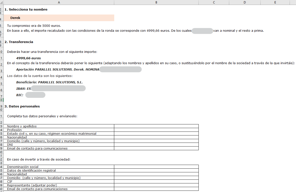 The Excel file with the field to fill in their personal information